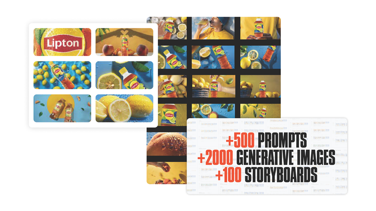 A collage of AI-generated reference images of Lipton Iced Tea and lemons is accompanied by a breakdown by the numbers, showing over 500 prompts, over 2000 generative images, and over 100 storyboards.