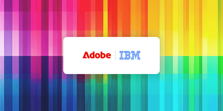 Adobe and IBM logos on colorful, abstract background.
