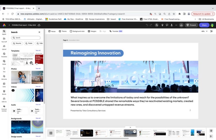 Screenshot of a presentation slide titled 'Innovation,' showing a stage with speakers seated in front of a large backdrop with the word 'POSSIBLE.' Slide text reads, 'What inspires us to overcome the limitations of today and reach for the possibilities of the unknown? Several brands at POSSIBLE shared the remarkable ways they've reactivated existing markets, created new ones, and discovered untapped revenue streams. Presented by Tata Consultancy Services.'