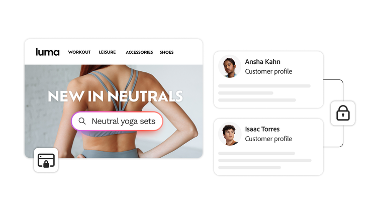 Two customer profiles display a lock icon next to a screenshot of a workout clothing website.