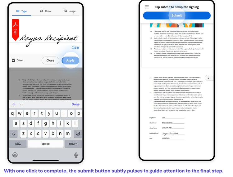 Mobile UI of Adobe Acrobat Sign, including the Submit button animation.
