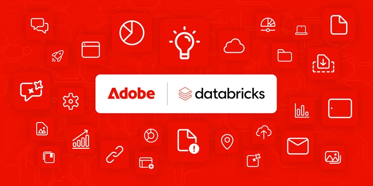 The Adobe and Databricks logos in a small white rectangular field at the center of a large red field. Surrounding the logos in the red field are over two dozen icons representing aspects of digital business, such as uploading, linking, graphs, email, the cloud, documents, and AI.