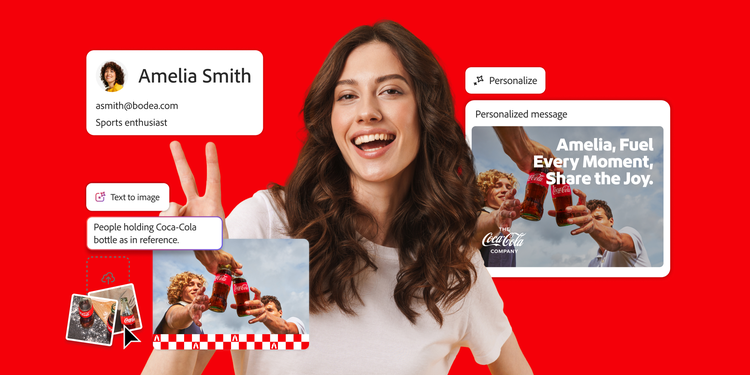 Woman against yellow background alongside Coca-Cola ads showcasing joyful moments with friends.