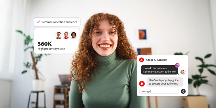 Smiling woman with red, curly hair, in an indoor workspace alongside visuals of UI elements showcasing Adobe Experience Platform features.