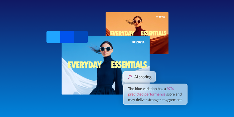 Ad variations showing how AI scoring evaluates color choices and identifies the highest-performing option.