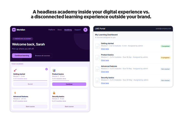 An illustration of headless capabilities for a branded learning experience vs a disconnected learning experience.