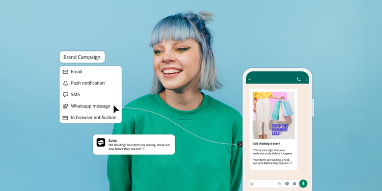 Smiling person beside smartphone showing brand campaign message with multi-channel notification options.