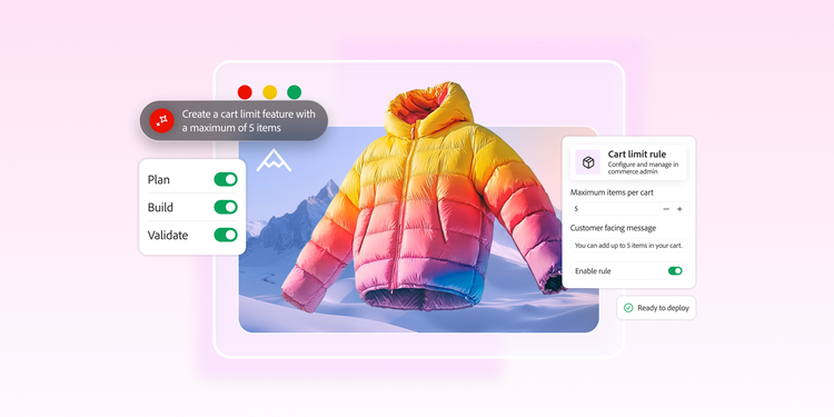 Concept image of Adobe Commerce Developer Agent creating a cart limit feature with planning, building, and validation controls.