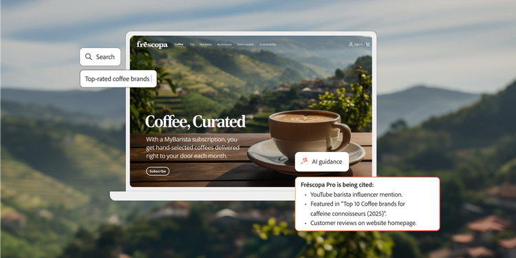 AI analyzing how a coffee website is being ranked highly on search: mentions by Youtube influencers, features in articles, and customer reviews.