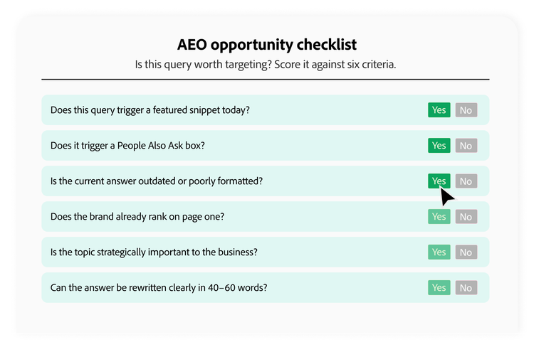 Infographic showing the AEO opportunity checklist and related criteria.