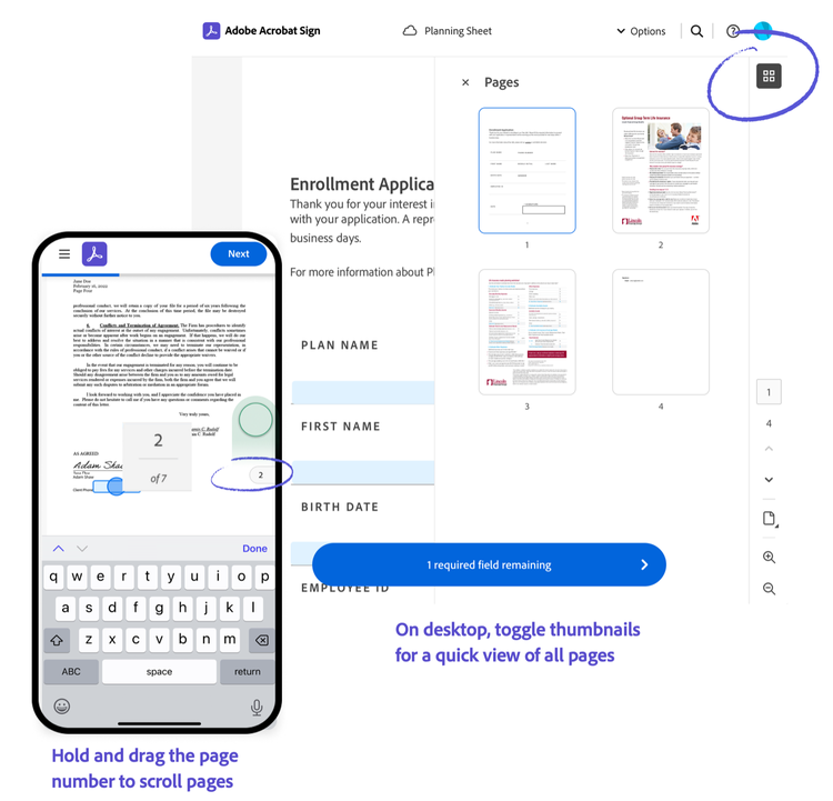 Adobe Acrobat Sign navigation example with menu and thumbnails.
