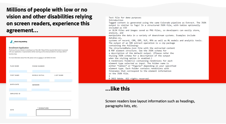 Graphic showing showing a screen reader example of an enrollment application.