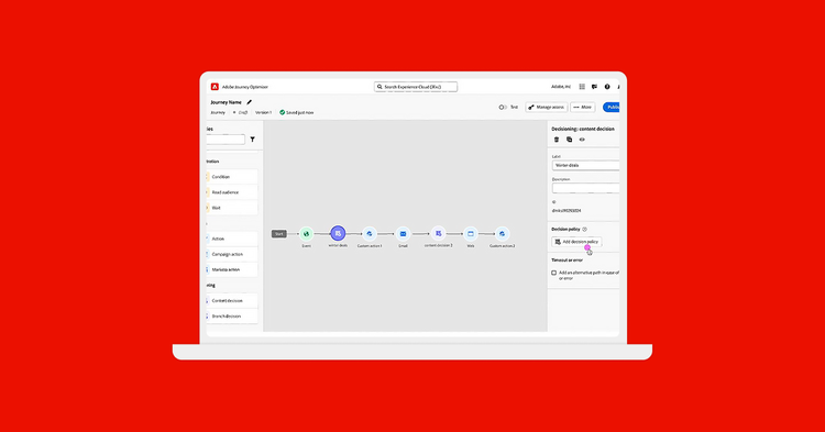 Adobe Journey Optimizer interface showing a multi-step journey featuring email, web, and AI-powered content decisioning steps.