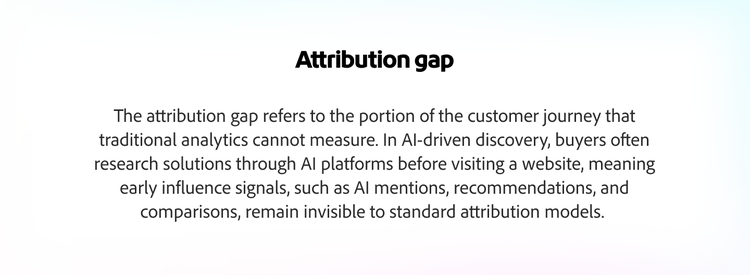Attribution gap is the portion of the customer journey traditional analytics cannot measure and remain invisible in AI-driven discovery.