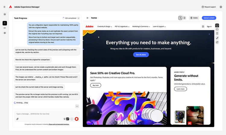 Experience Modernization Agent interface showing migration in progress.