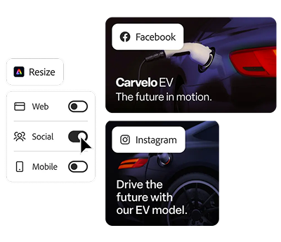 Facebook and Instagram ads for Carvelo EV are shown with options to resize for web, social, or mobile.