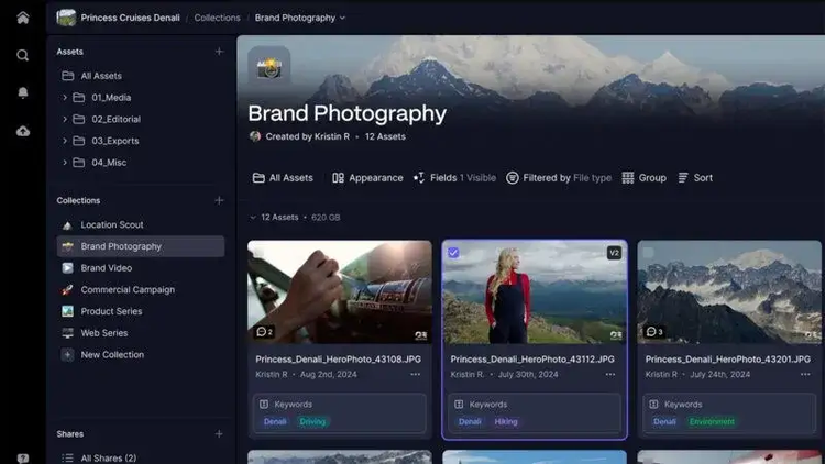 A Frame.io screenshot showing an asset collection titled Brand Photography.