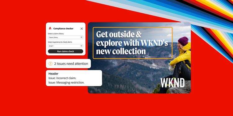 An advertisement for WKND travel company with a compliance checker task box and an alert that two issues need attention in the header.
