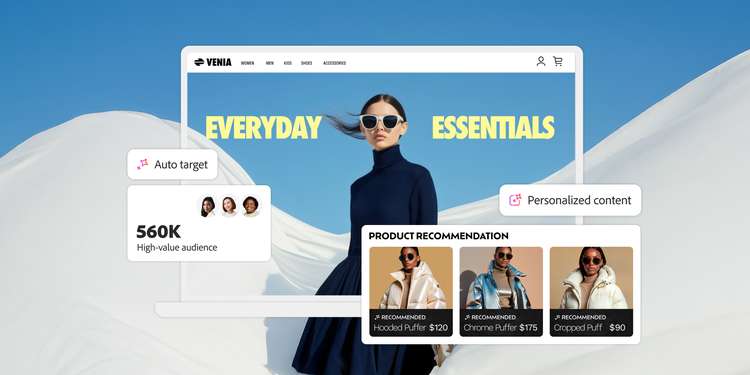 Website mockup with a woman in sunglasses with headline Everyday Essentials. Overlays display Auto target and Personalized content.