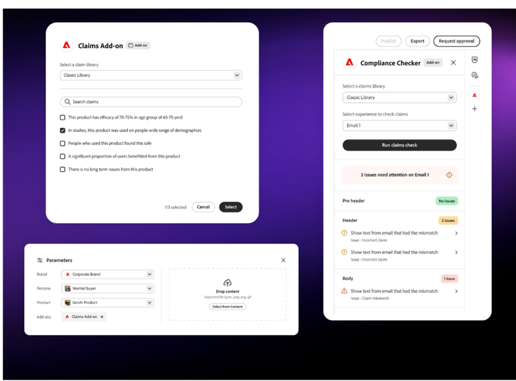 Extensibility compliance feature boxes including claim add on, parameters, and compliance checker.