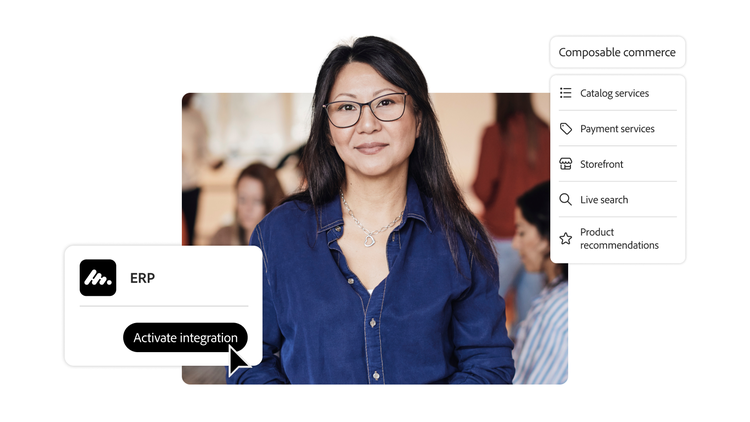 A smiling woman in a blue shirt is surrounded with by Adobe Commerce UI elements to activate an integration and enable composable commerce options.