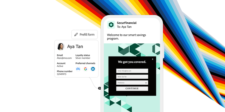 A mobile banking signup screen for 'SecurFinancial' with user details prefilled for Aya Tan. A profile card shows her email, phone, loyalty status, and channels.