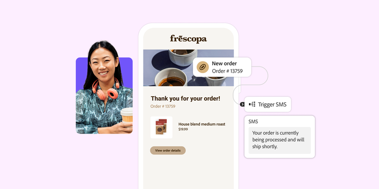 Woman smiling with coffee; phone screen shows Frescopa order for house blend coffee and SMS update saying the order is processing and will ship.