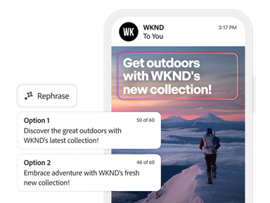 Two options for rephrasing an advertising tag line are shown with an AI-generated mobile ad.