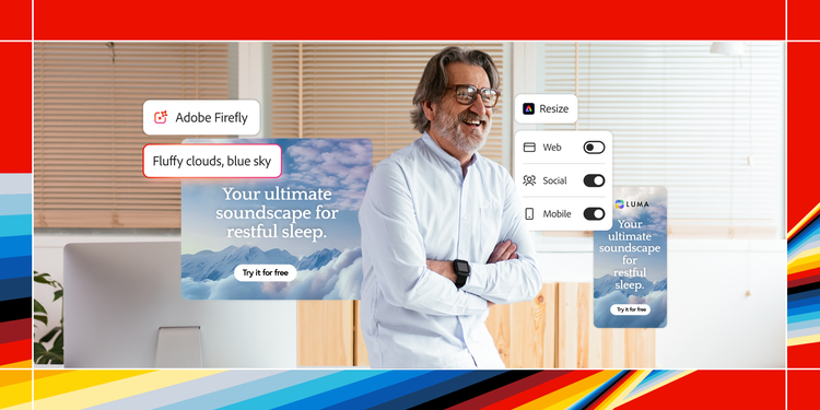 In a casual office, a smiling marketing professional with his arms crossed is shown with several floating windows from GenStudio for Performance Marketing, revealing customization options for AI-generated ad content.