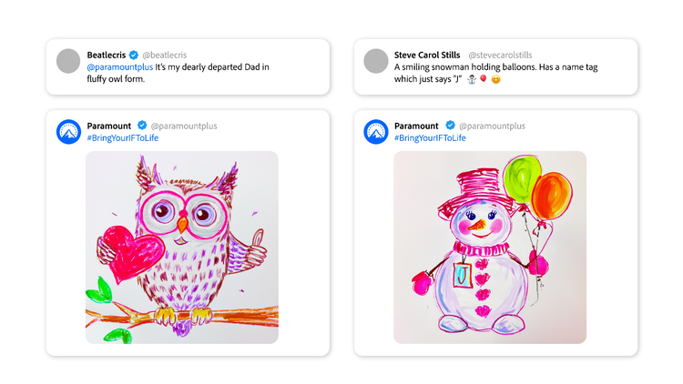 Sketches of an owl and a snowman for social media generated using Adobe Firefly and prompts from fans.