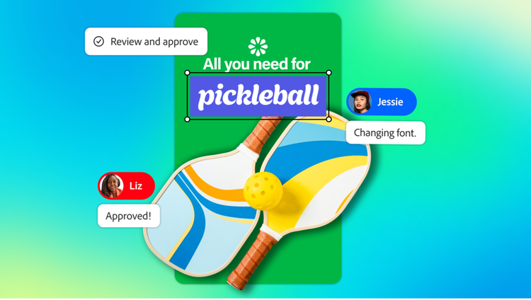 A promotional graphic for Adobe Express showing two colorful pickleball paddles and a ball, with comments demonstrating a collaborative review and approval workflow.