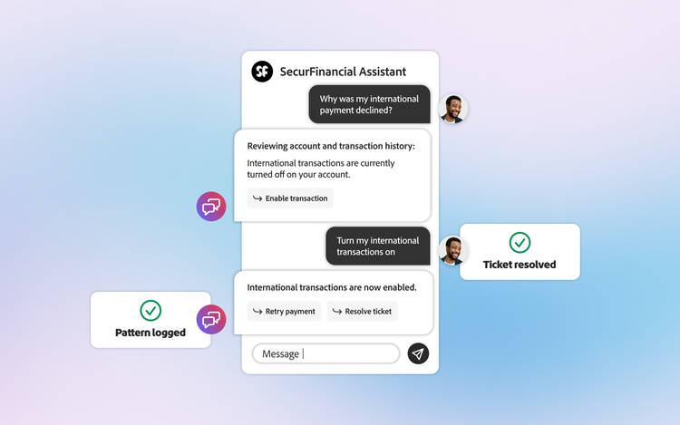 Visual of an AI support assistant enabling an international payment, logging the issue, and resolving the ticket.