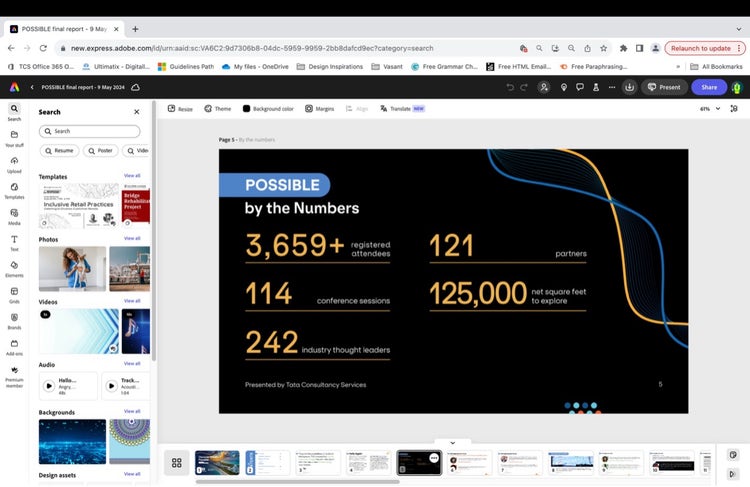 Screenshot of a presentation slide titled 'POSSIBLE by the Numbers,' highlighting key statistics: 3,659+ registered attendees, 121 partners, and 44 countries represented. The slide design includes stylized blue and orange lines and branding for Tata Consultancy Services.