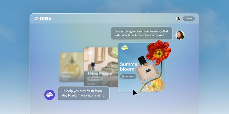 AI-powered chat interface showing a user asking for a product recommendation and receiving a personalized response.
