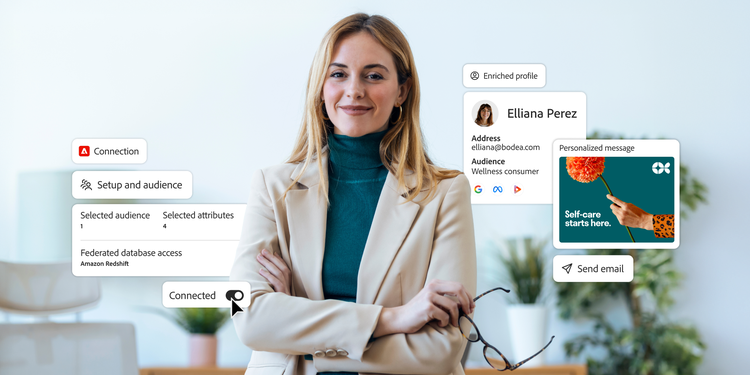 An image showing the concept of real-time personalization at scale through integration of Amazon Redshift and Adobe Real-Time CDP.