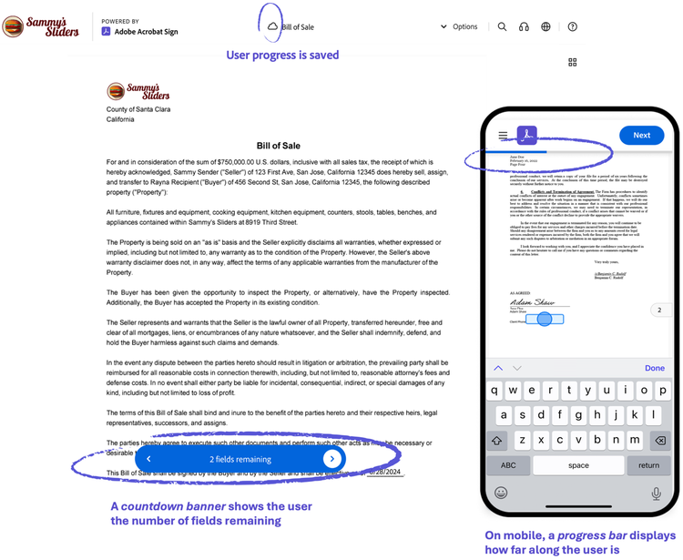 Document example showing a bill of sale and the progress indicators in Adobe Acrobat Sign.