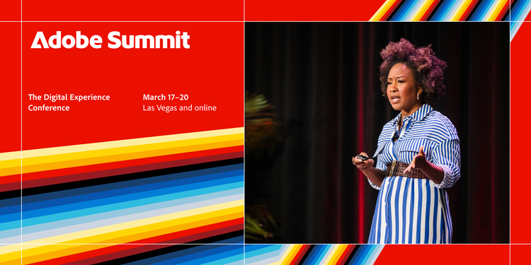 Promotional graphic for Adobe Summit, The Digital Experience Conference, taking place March 17-20 in Las Vegas and online. The image features a speaker, a woman with curly purple hair, wearing a blue and white striped dress, delivering a presentation on stage.