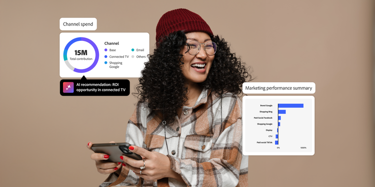 Smiling women with smartphone alongside channel spend and marketing performance visuals.