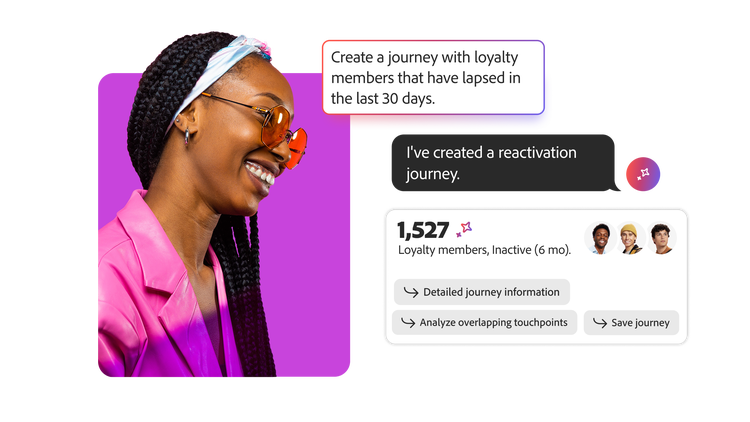 Adobe Journey Agent shows customer journey creation, personalized analysis, and the ability to save the journey.