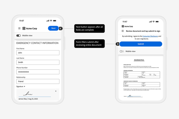Mobile Acme Corp form finalized with signature and document submission.