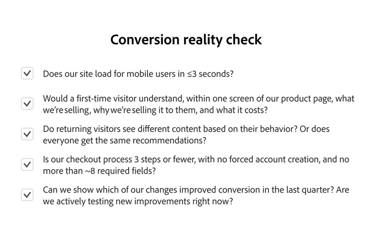 ‘Conversion reality check’ checklist focused on site speed, user clarity, checkout simplicity, and testing.