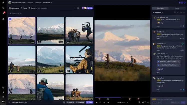A Frame.io screenshot shows several video segments, a segment under review, and a comment that includes attachments.