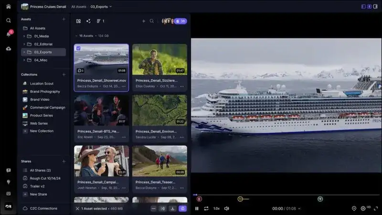 A Frame.io screenshot shows assets on the left, while a larger right panel shows a video under review of a cruise ship.