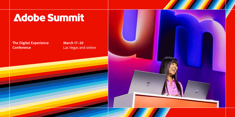 Promotional graphic for Adobe Summit, The Digital Experience Conference, taking place March 17-20 in Las Vegas and online. The image features a speaker on stage, smiling while presenting with two laptops in front of her. The background includes bold red, blue, and rainbow-colored design elements, with large text partially visible behind her.
