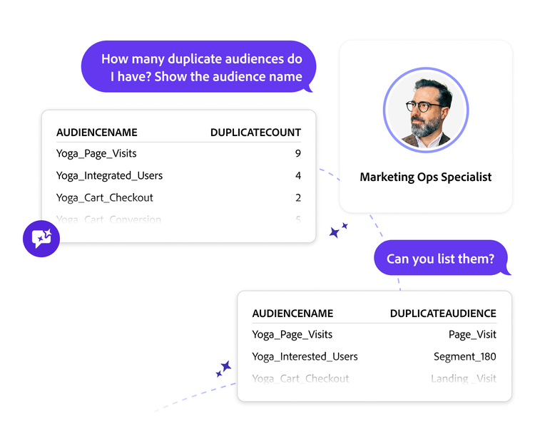 Interface with a marketing ops specialist asking an AI assistant about audience data.