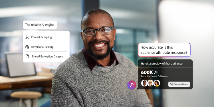 A smiling man in a bright, modern workspace with digital UI elements overlaid on the picture as pop-ups.