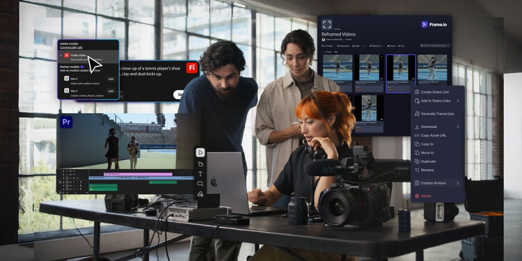 Three people collaborate on video editing at a desk with Adobe Premiere Pro, Firefly, and Frame.io tools displayed on screen.