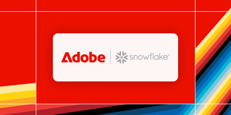 The logos for Adobe and Snowflake are shown on a white rounded rectangular field centered on a bright red background. Colorful stripes extend across the bottom before bending up toward the right.