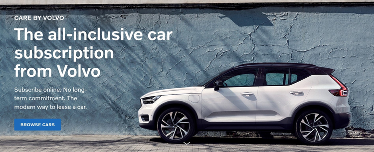 Volvo landing page for its all-inclusive car subscription, Care By Volvo.