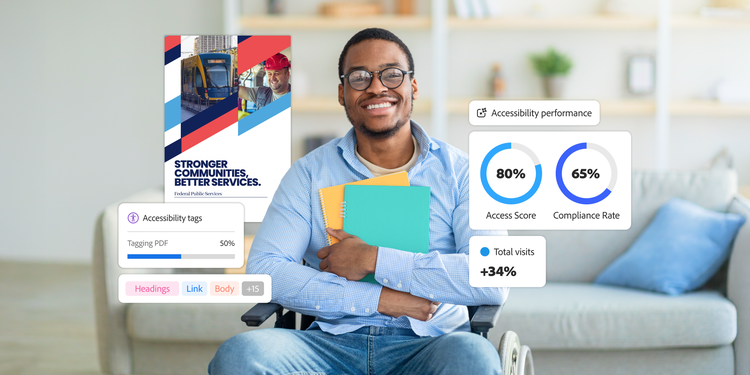 Adobe helps a government employee review accessibility dashboards showing tagging progress, access scores, and compliance rates.